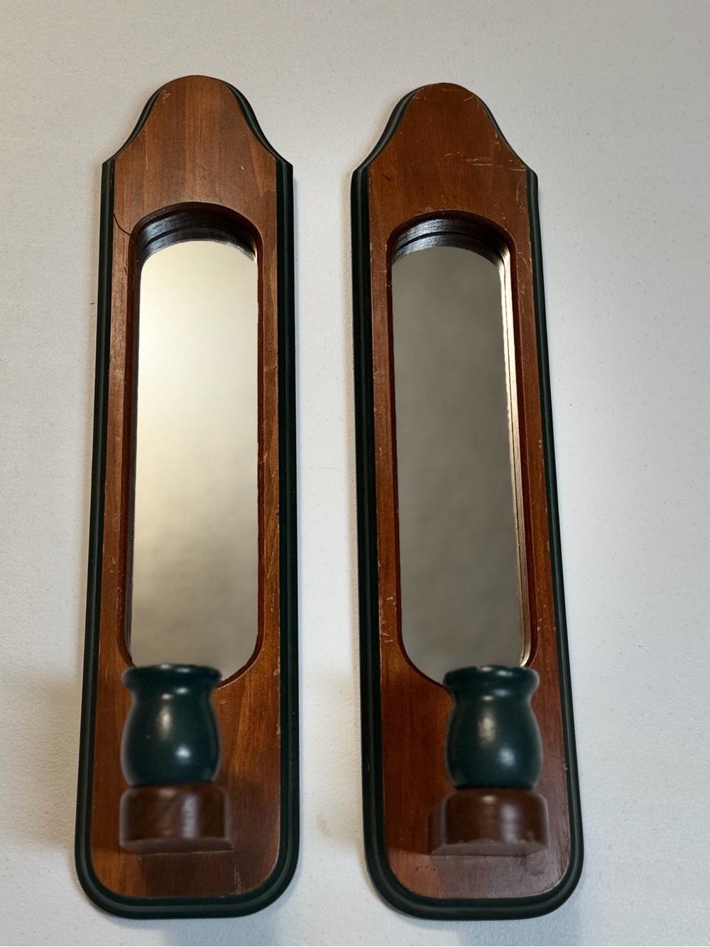 Vintage Wooden Wall Scones With Mirrors & Candle Holders Rustic Brown & Green